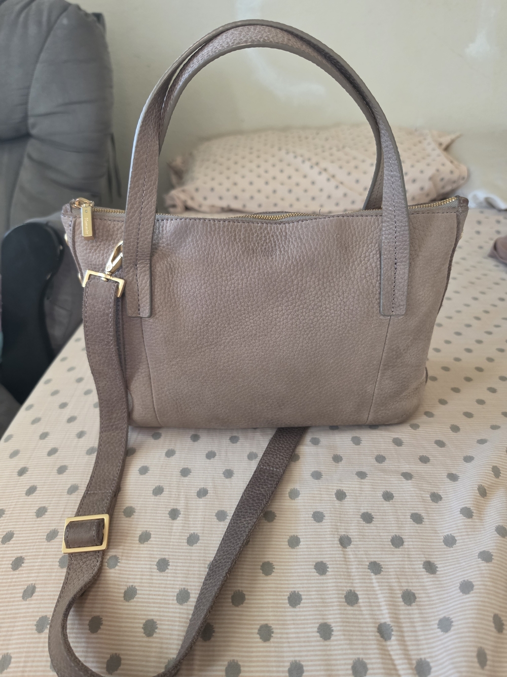 Hammitt Taupe Pebbled Leather Handbag Crossbody Bag with Gold Hardware